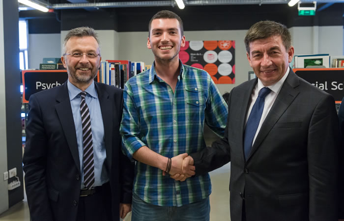 Prof. Dr. Arsim Bajrami, Minister of Education, Science and Technology of Kosovo with Mr Yannis Ververidis, Principal of the University of Sheffield International Faculty, CITY College and the President of the International Faculty's Student Union (CSU), Diamant Hasani.