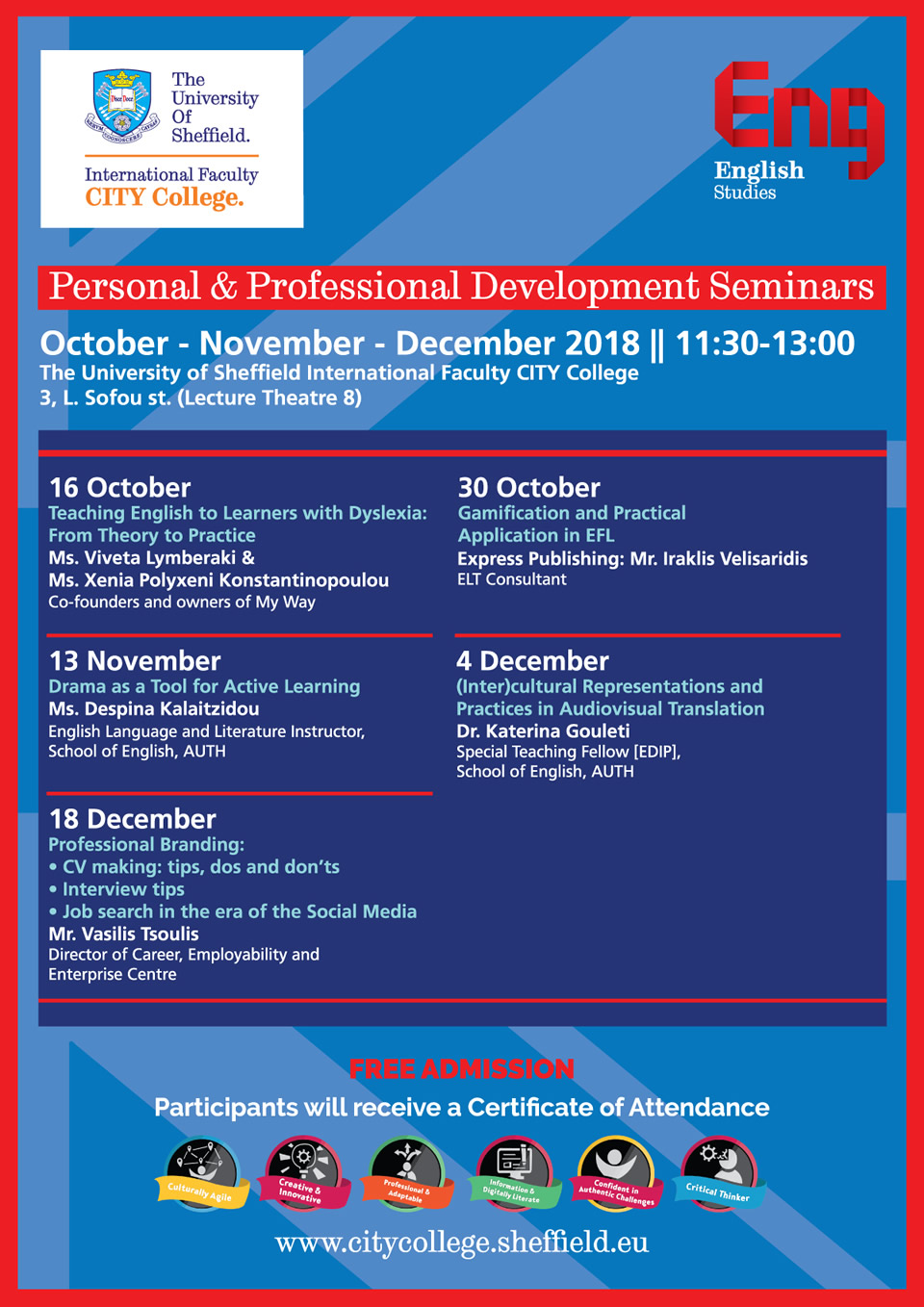 Personal & Professional Development Seminars 2018 by the University of Sheffield International Faculty's English Studies Dept