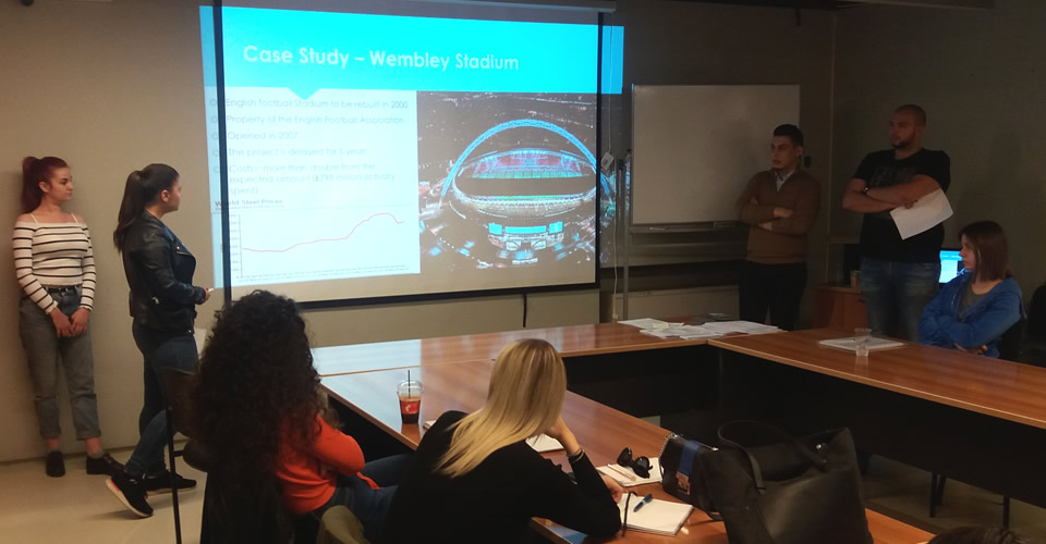 Students presented their assignment on an Identify Risks Case Study about the "Renovation of Wembley Stadium in the UK"